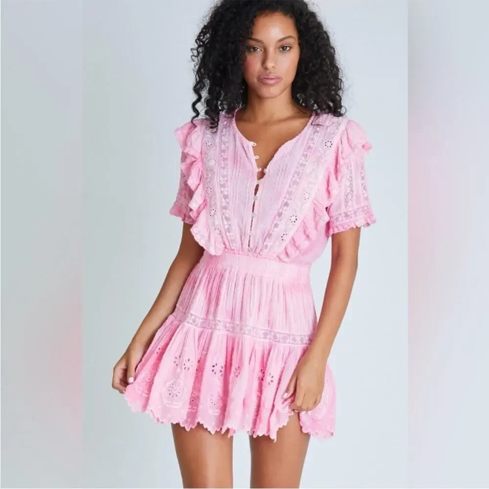 LoveShackFancy Sheldon Mini Dress in Fuchsia Pink Hand Dye Cotton  Sz  XS - Picture 2 of 10